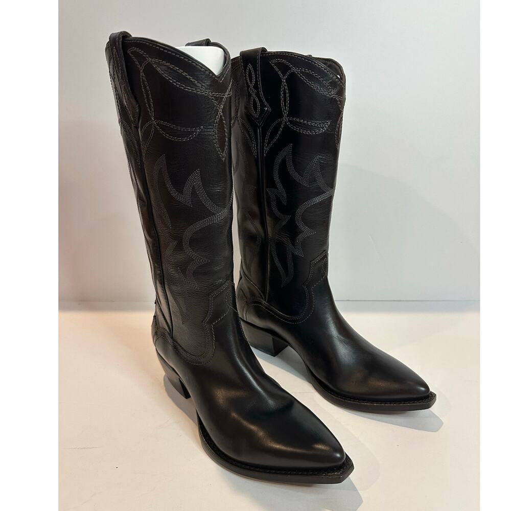 Frye Shane Western Embroidered Knee High Boots Women's 9 Black Snip Toe